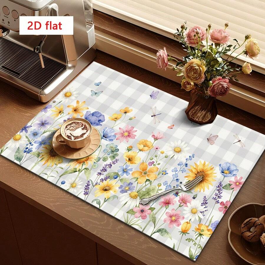1pc Dish Drying Mat, Coffee Machine Mat, Checkered Background With Colorful Wild Flowers And Butterflies Pattern, Fresh And Natural Style, Suitable For Dining Table And Cafe, Absorbent And Draining, Multi-Purpose Pad, Home Gift, Desktop Decor