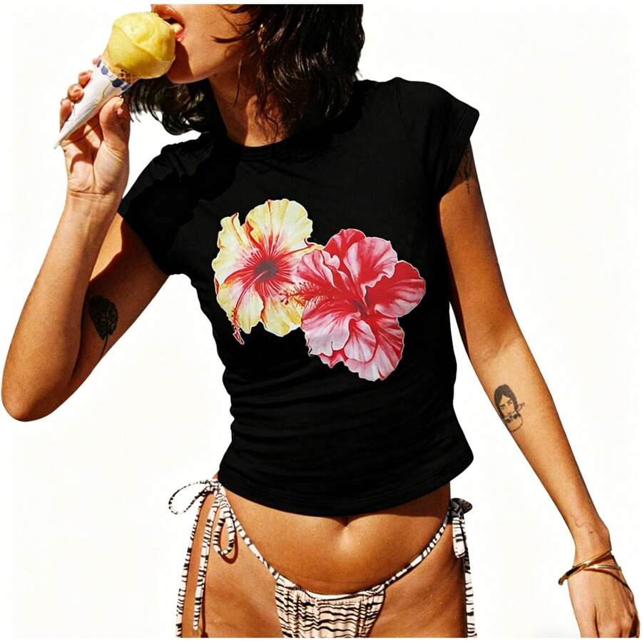 Women's Crop Top With Fruit Print, Cute Retro 90s And Y2K Style, Super Cute Short-Sleeved Blouse, Ideal For Summer, Youthful And Casual Look That Every Girl Will Love HP9M - 黑色 - 查看 1