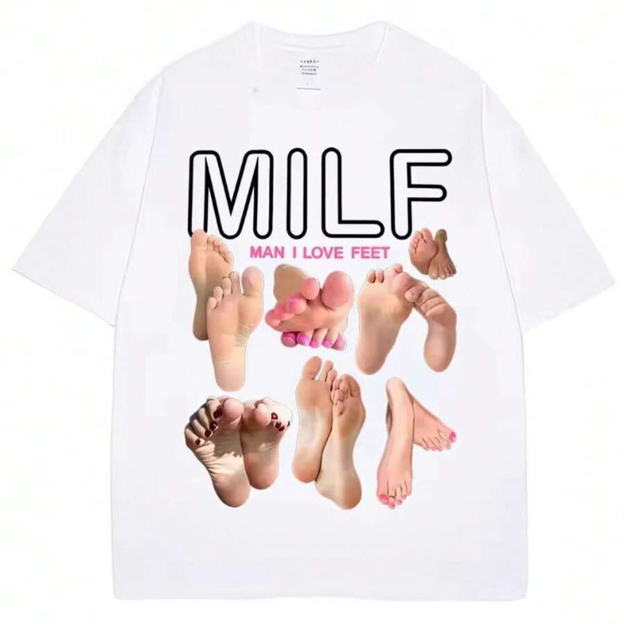 Camiseta Casual de Manga Corta con Cuello Redondo Suave, Estampado Divertido "MILF Man I Love Feet", Streetwear - Blanco - Ver 1