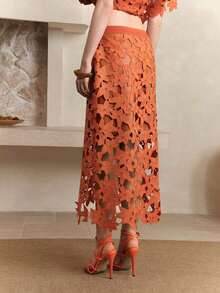 Frievida Falda larga naranja elegante y de uso diario con encaje floral y diseño hueco, ropa de mujer, ropa de verano para mujeres, vestidos, ropa de cumpleaños para mujeres, ropa de otoño para mujeres - Naranja - Ver 7