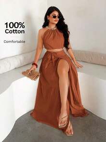 Conjunto de 2 piezas de top halter sexy y falda midi con volantes - Óxido marrón - Ver 1