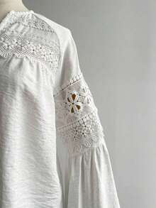 Blusa de encaje azul de manga larga para mujer, adecuada para uso casual, vacaciones, estilo bohemio, festivales de música y otras ocasiones - Blanco - Ver 8