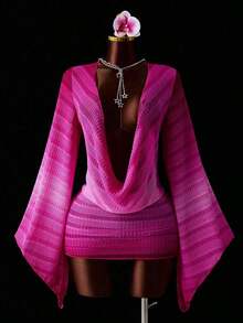 Zestiva 1 pieza Vestido de playa para mujer, tela transparente degradada fucsia, escote pronunciado drapeado, mono ajustado, manga larga corte holgado, estilo casual de resort de verano sexy - Rosa Fucsia - Ver 2