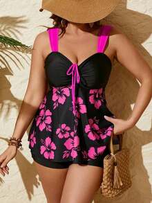 Conjunto de tankini de talla grande con estampado floral elegante, tirantes anchos, moño y parches, para verano y vacaciones en la playa, color negro - Negro - Ver 6