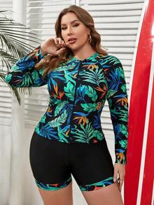 Swim SPRTY Traje De Baño Bikini De Impresión De Plantas Tropicales De Talla Grande Para Mujeres, Traje De Baño De Manga Larga Para Playa Y Vacaciones - Multicolor 3 - Ver 5
