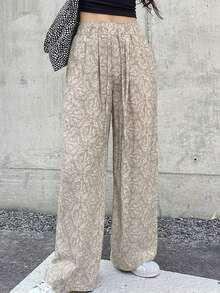 Women's Casual Solid Color Long Pants With Drawstring Waist - Khaki - View 5