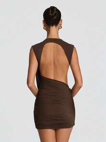 Vestido ajustado envolvente verano nuevo unicolor sin mangas con cintas irregulares y espalda descubierta estilo europeo elegante moda femenina de - Marrón - Ver 3