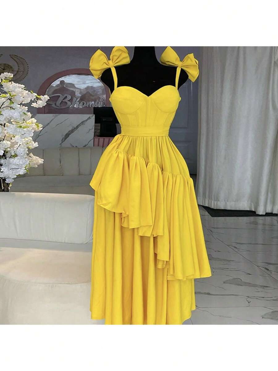 Vestido tirantes lazo cuello V volantes primavera 2026 - Amarillo - Ver 1
