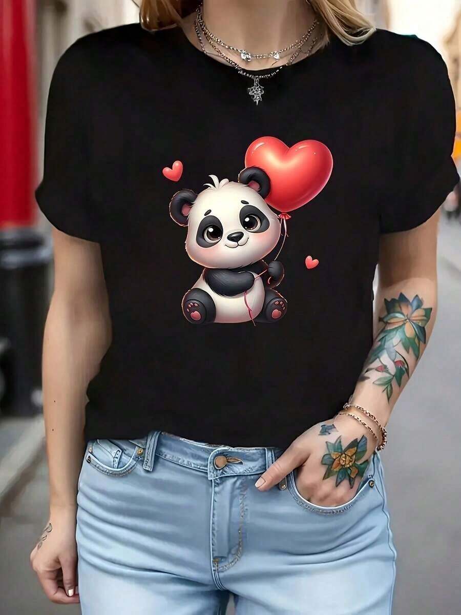 Camiseta con Estampado de Panda Lindo Sosteniendo un Globo de Corazón, Estilo Casual, Cuello Redondo, Manga Corta, Tela de Alta Elasticidad, Ideal para Primavera, Verano y Otoño, Regalo Perfecto para el Día de San Valentín - Negro - Ver 1
