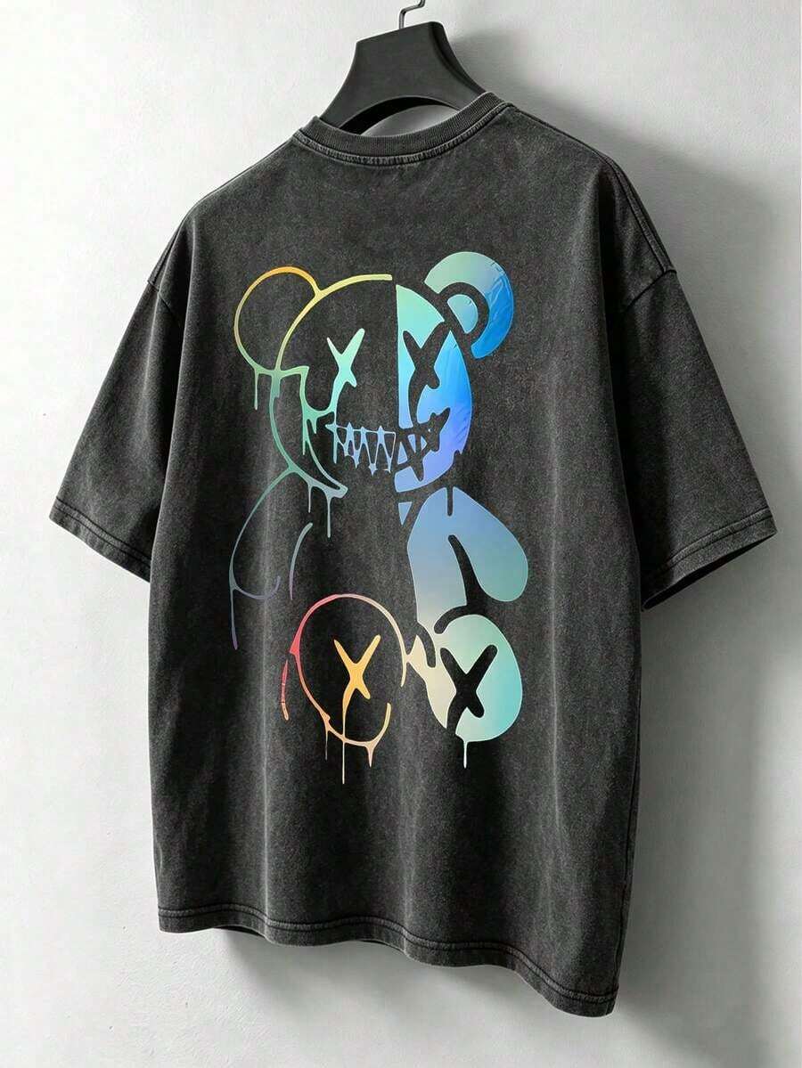 Camiseta de algodón lavado de cuello redondo y manga corta con estampado minimalista para hombres - Blanco - Ver 1