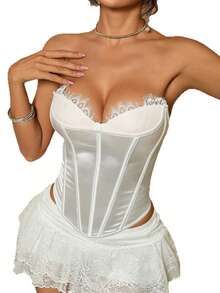 Blusa Nueva Encaje con Saten Modelo Hueso Moldeadora Escote Estético - Blanco - Ver 7