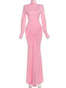 Vestido largo liso cuello alto verano 2025, ajustado elegante con espalda descubierta estilo moda - Rosa - Ver 4