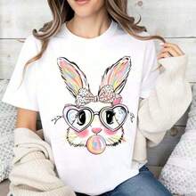 Camisetas con estampado 100% algodón [Camiseta 100% algodón] Linda camiseta de conejito de Pascua, camiseta con estampado de conejo colorido con gafas de corazón y chicle, camiseta casual de manga corta con cuello redondo, conjunto de primavera-verano, top de talla grande, estilo Y2K retro vintage, ropa urbana de hombros caídos, unisex, para mujer y hombre, para uso diario en festivales, 100% algodón. - Blanco - Ver 3