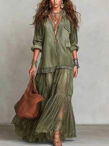 Women's Spring-Summer Short-Sleeve Non-Denim Fabric Shirt-Style Tiered Dress |   Casual Fashion Design Showcasing Relaxed Temperament, Ideal For Comfortable Outfits In Daily Outings & Light Vacation Occasions - OMFFGNZCQ-V - 查看 1
