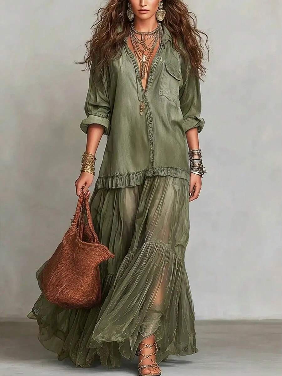 Women's Spring-Summer Short-Sleeve Non-Denim Fabric Shirt-Style Tiered Dress |   Casual Fashion Design Showcasing Relaxed Temperament, Ideal For Comfortable Outfits In Daily Outings & Light Vacation Occasions - OMFFGNZCQ-V - 查看 1
