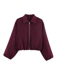 Chaqueta con bolsillo con cremallera de lunares rosas para mujer - Abrigo casual suelto con solapa para primavera/otoño - Burdeos - Ver 4