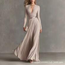 Vestido femenino largo de manga larga con  elegante y de moda textura pura y cintura entallada nuevo de temporada otoño primavera - Beis - Ver 7