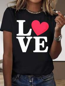 Camiseta de manga corta negra y blanca para el hogar y el exterior, con estampado de corazón, para mujer, top casual de manga corta para regalo del Día de San Valentín, bonito regalo para parejas, ropa romántica, conjuntos a juego para parejas. - Negro - Ver 10