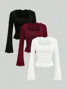 Conjunto de camiseta casual con cuello de encaje y mangas acampanadas estilo vintage francés para mujer, otoño - Multicolor 4 - Ver 7
