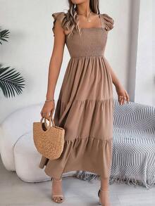 Nuevo vestido midi de unicolor con cuello cuadrado, casual, con espalda descubierta, volantes y sin mangas, color caqui, elegante para primavera/verano - Caqui - Ver 3