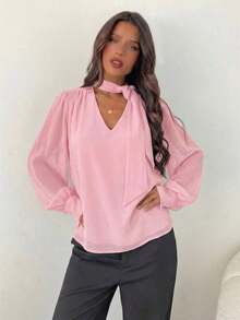 Blusa de mujer bohemia, romántica y elegante con cuello en V profundo, manga larga y lazo, para uso diario.Blusa elegante para mujer, ideal para primavera, el Día de San Valentín y salidas, en color blanco. - Rosa - Ver 4