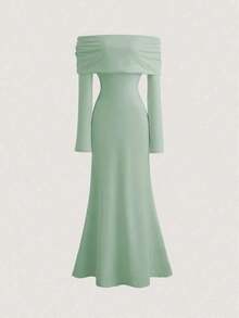Vestido largo de punto acanalado con manga larga, cintura ceñida, hombros descubiertos, espalda descubierta, doblez de cola de pez, elegante y sexy, color blanco, para otoño/invierno, atuendo de mujer maxi - Verde Gris - Ver 1