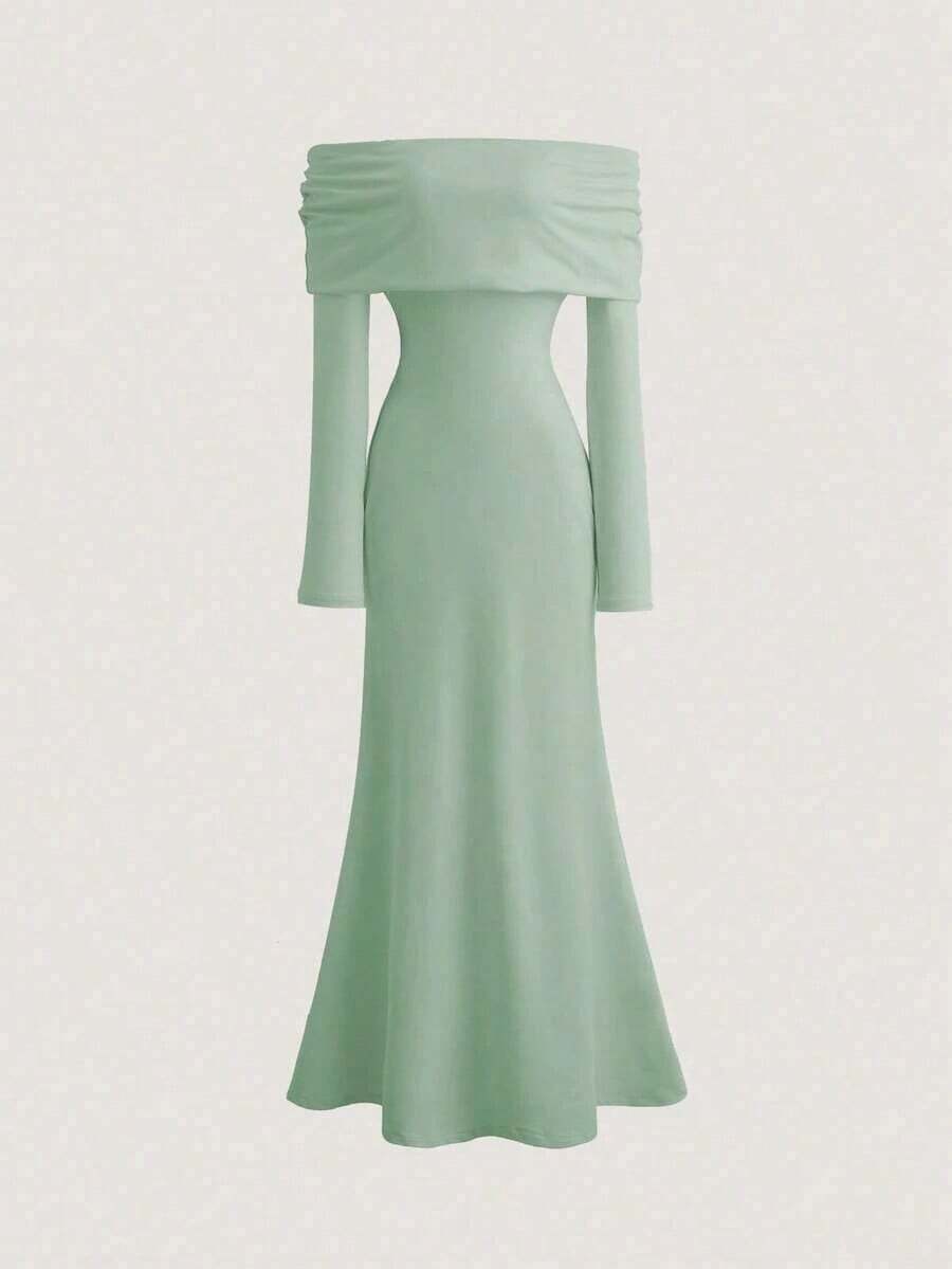 Vestido largo de punto acanalado con manga larga, cintura ceñida, hombros descubiertos, espalda descubierta, doblez de cola de pez, elegante y sexy, color blanco, para otoño/invierno, atuendo de mujer maxi - Verde Gris - Ver 1