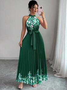 Vestido holgado de verano elegante con estampado floral y cuello halter para mujer - Verde Oscuro - Ver 5