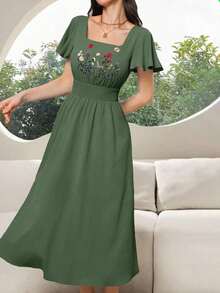 Vestidos midi de manga corta con cuello cuadrado, cintura ceñida y bordado floral para mujeres - Verde militar - Ver 5