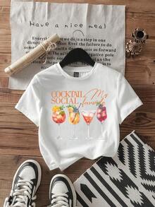 Set de 3 camisetas cortas de mujer de manga corta con cuello redondo, estampado de vaso de cóctel y estilo minimalista casual - Blanco - Ver 6