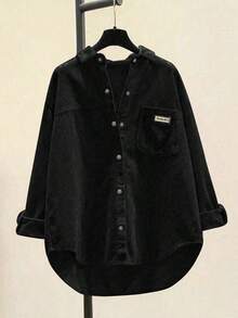 Camisa de manga larga casual de mujer de pana con bordado de letras, primavera - Negro - Ver 1
