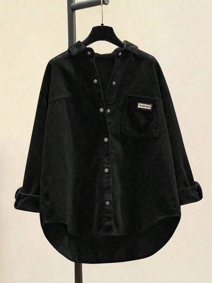 Camisa de manga larga casual de mujer de pana con bordado de letras, primavera - Negro - Ver 1