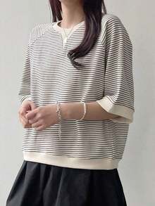 Camiseta de manga raglán con estampado a rayas para el verano - Blanco y Negro - Ver 3