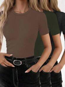 Set de 3 camisetas de mujer de manga corta y cuello redondo de punto acanalado de unicolor, de verano - Multicolor 2 - Ver 1