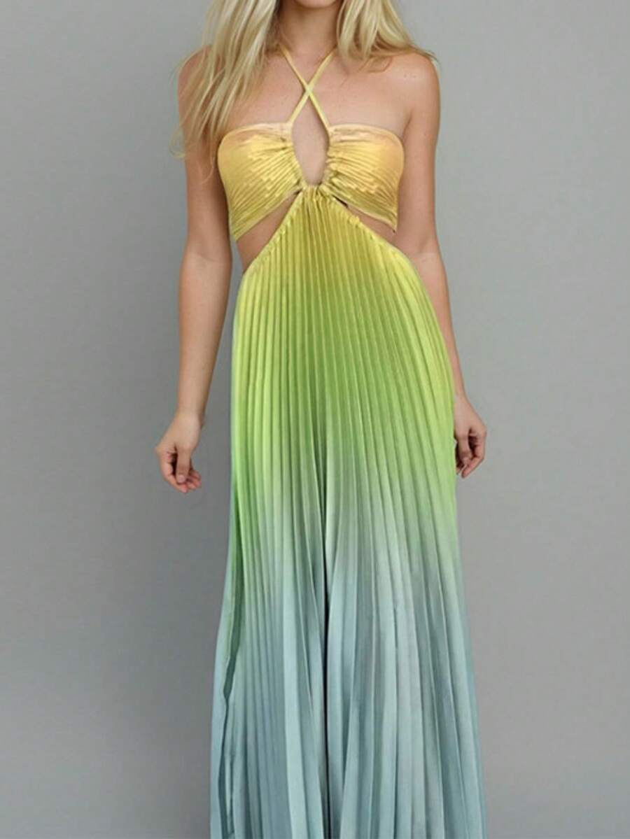 Elegant And Sensual Halter Neck Spring Maxi Dress With A Gradient Design, Perfect For Women - Green - View 1