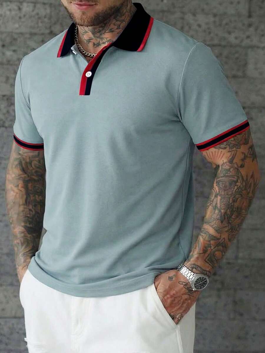 1 chiếc áo polo nam tay ngắn cổ bẻ màu xanh lá cây nhạt kiểu dáng thường ngày - màu xanh lá - Xem 1