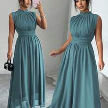 Elenzya Women's Spring/Summer French Romantic Sicily Elegant Casual Commute Vacation Afternoon Tea Party Solid Color Chiffon Stand Collar Loose Criss-Cross Tie Waist A-Line Bow Tie Sleeveless Lined Maxi Dress - Agua verde azul - Ver 1