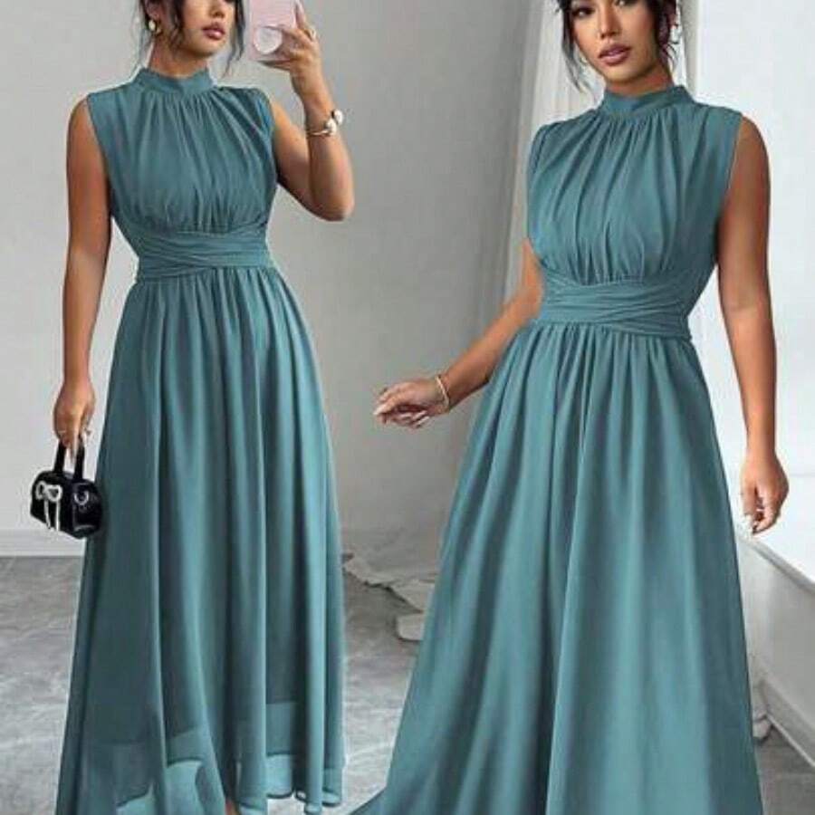 Elenzya Women's Spring/Summer French Romantic Sicily Elegant Casual Commute Vacation Afternoon Tea Party Solid Color Chiffon Stand Collar Loose Criss-Cross Tie Waist A-Line Bow Tie Sleeveless Lined Maxi Dress - Agua verde azul - Ver 1