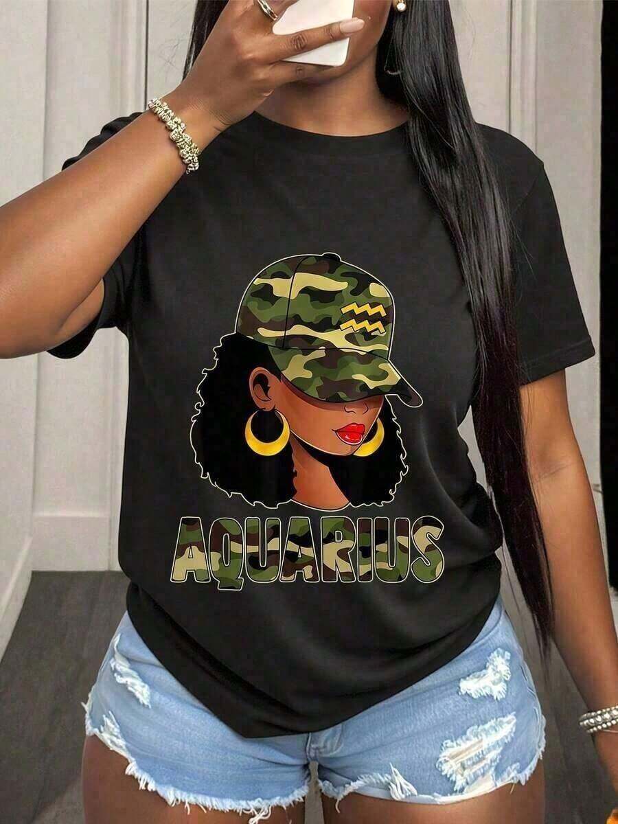1 Piece Graphic T-Shirt With Aquarius Zodiac Sign, Woman With Camouflage Hat And Gold Hoop Earrings, For Astrology Lovers And Sign Enthusiasts, Casual Summer Style, Style Statement Piece, 180g 100% Cotton. - 5 - 查看 1