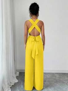 Mono de pierna ancha con cuello en V y cintura anudada, azul, mono para mujer, conjunto casual de verano para damas - Amarillo - Ver 2