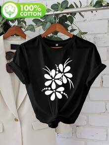 Talla Grande - Talla Grande - Top de Manga Corta con Cuello Redondo Casual Estampado para Mujer de Talla Grande con un Diseño Floral Abstracto - Negro - Ver 6