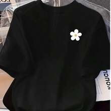 Camiseta holgada de cuello redondo con margaritas bordadas para mujer, corte holgado informal, favorecedora y versátil para salidas diarias y - Blanco - Ver 1