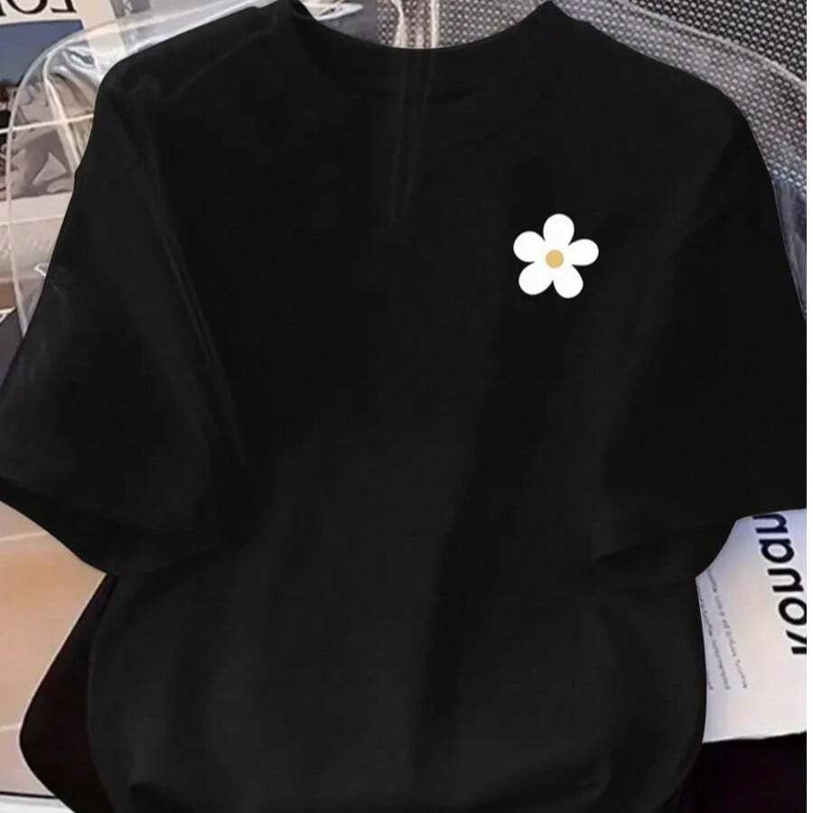 Camiseta holgada de cuello redondo con margaritas bordadas para mujer, corte holgado informal, favorecedora y versátil para salidas diarias y - Blanco - Ver 1