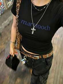 Playera blanca ombliguera cuello redondo manga corta para mujer, estilo juvenil muy bonito, estampado de letras nuevo verano, corte ajustado super linda para uso diario y salidas casuales LWLF - Negro - Ver 2