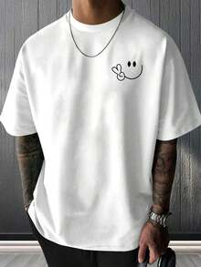 Camiseta Casual de Verano para Hombre con Estampado Divertido de Cara Alegría y Gesto Sonriente |     Camiseta Ligera de Cuello Redondo, Ajuste Cómodo, Camiseta Blanca Versátil para Ocasiones Casuales y Formales, Ideal para Todas las Estaciones - Blanco - Ver 1