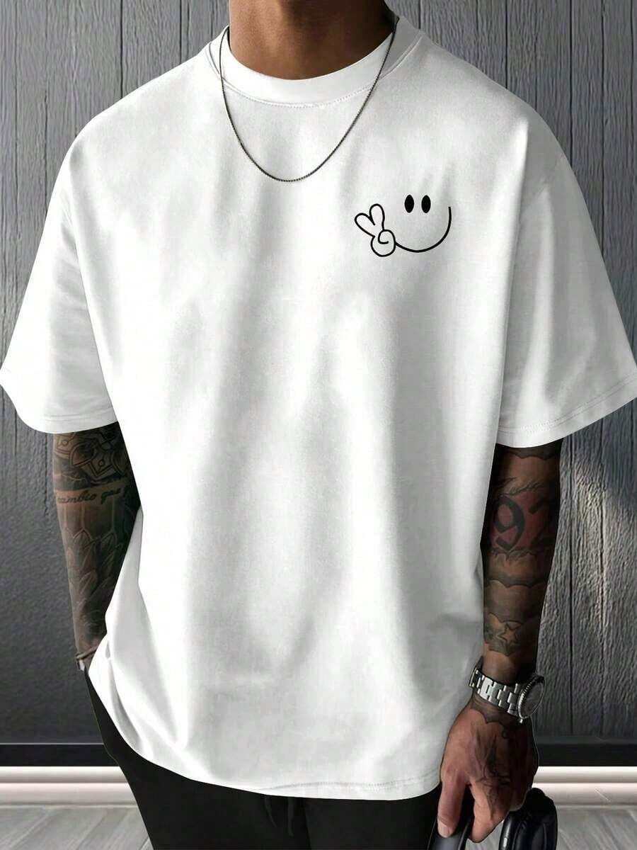 Camiseta Casual de Verano para Hombre con Estampado Divertido de Cara Alegría y Gesto Sonriente |     Camiseta Ligera de Cuello Redondo, Ajuste Cómodo, Camiseta Blanca Versátil para Ocasiones Casuales y Formales, Ideal para Todas las Estaciones - Blanco - Ver 1