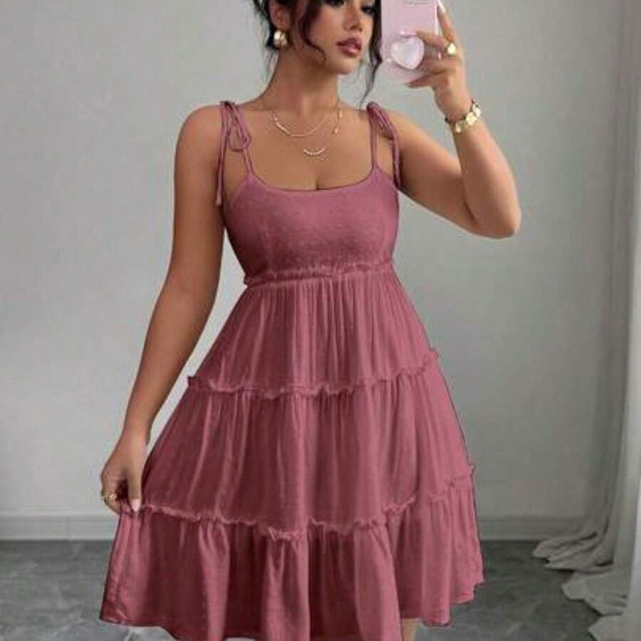 Elenzya Swiss Dot Frill Trim Cami Dress Vacation Beach Outfits Women Lilac Dress Women Purple Summer Dress - Rosa Roja - Ver 1