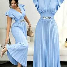 Elenzya New V-Neck Ruffle Sleeve Woven Solid Color Metal Decor Button Pleated Design Elegant Young Party Holiday Dinner Cocktail Maxi Dress For Women - Azul - Ver 1