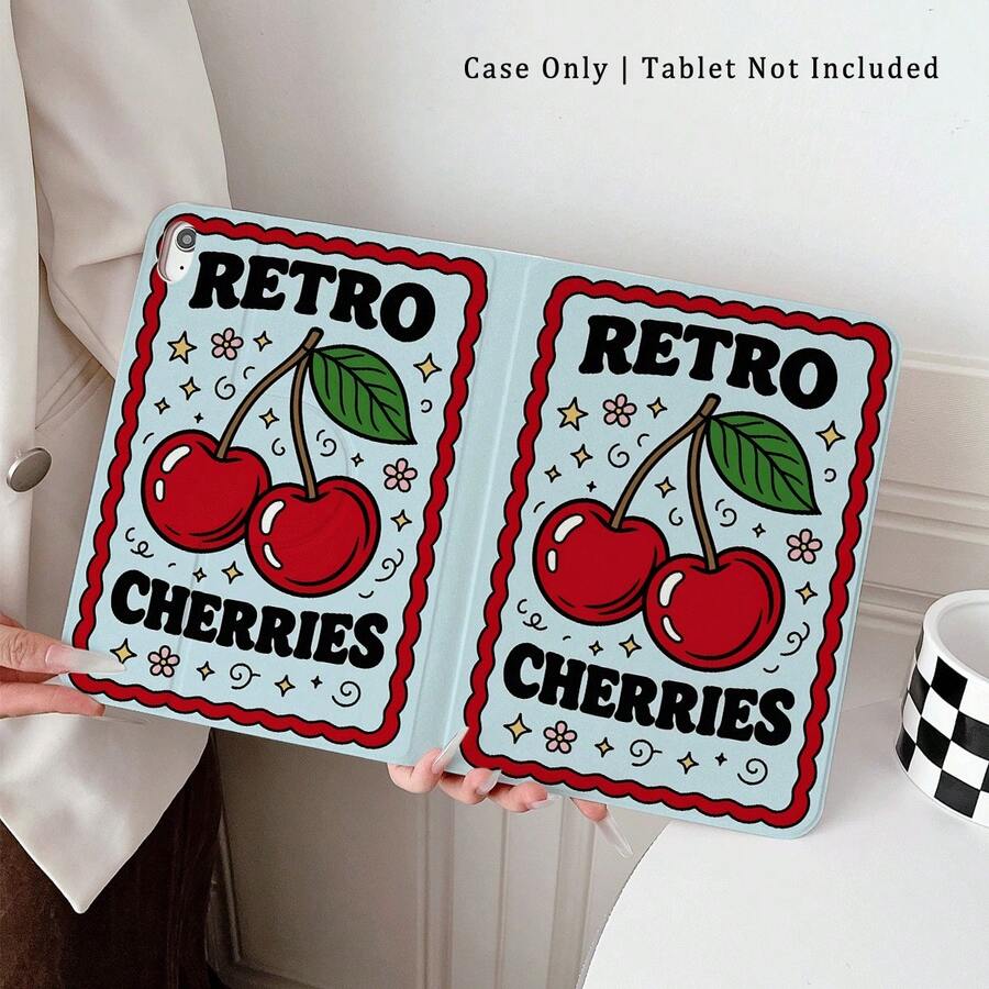 1 pieza Funda protectora para tableta con estampado retro de cerezas, giratoria 360°, con soporte magnético de varios ángulos y función de suspensión/activación automática, compatible con iPad PRO/AIR, , Pad 5/6/7, Matepad - Multicolor - Ver 1
