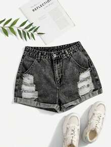 Shorts en mezclilla desgarro crudo bajo de doblez - Gris Claro - Ver 5